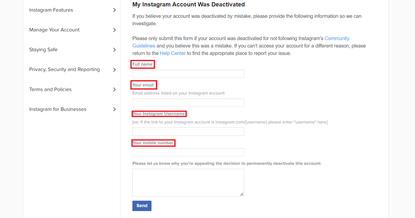 Proporcione su nombre completo, nombre de usuario de Instagram, dirección de correo electrónico y número de teléfono