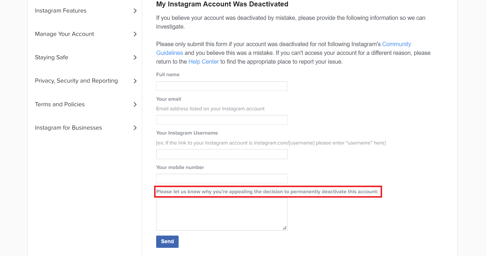Escriba un llamamiento cortés y sincero, suplicando a Instagram que revise la cancelación de su cuenta
