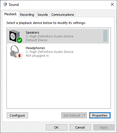 Aquí, seleccione un dispositivo de reproducción para modificar su configuración y haga clic en Propiedades.