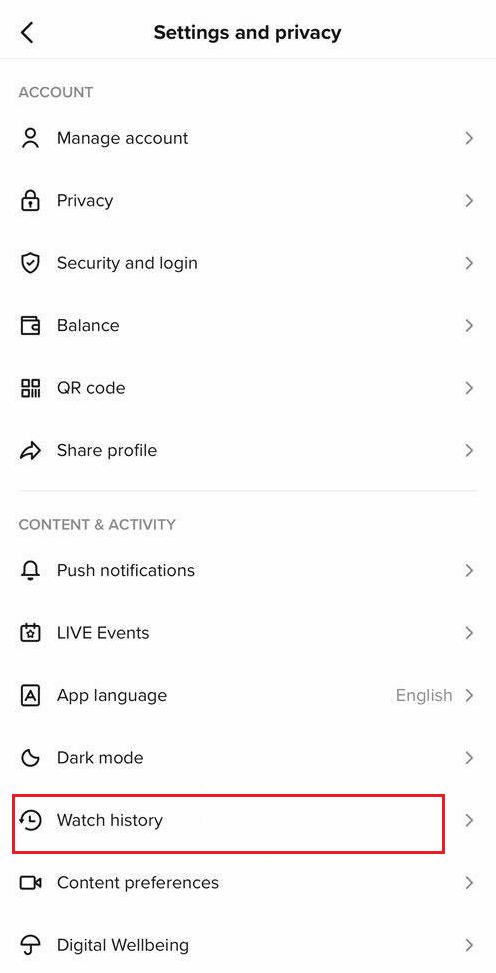 TikTok - Configuración y privacidad - Historial de visualización en CONTENIDO Y ACTIVIDAD |  Cómo eliminar un reenvío en TikTok