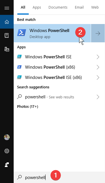 Buscando PowerShell en Windows 10