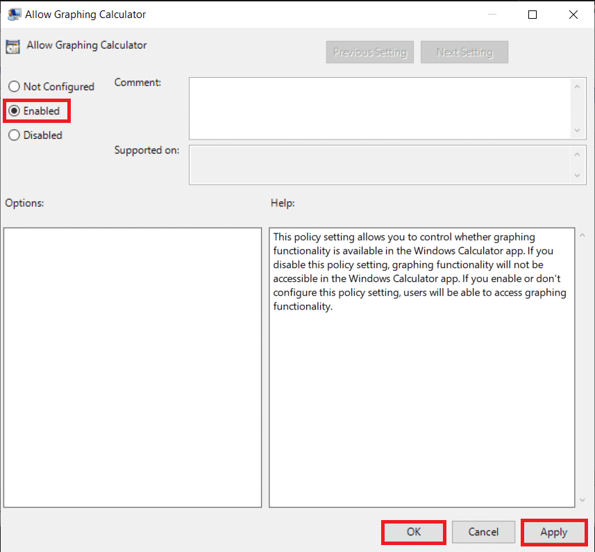 Haga clic en el botón de radio Habilitado y luego haga clic en Aplicar para guardar los cambios. Cómo habilitar el modo gráfico de calculadora en Windows 10