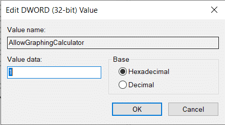 Haga clic derecho en AllowGraphingCalculator y haga clic en Modificar. Escriba 1 en Información del valor para habilitar la función. Haga clic en Aceptar para guardar. Cómo habilitar el modo gráfico de calculadora en Windows 10