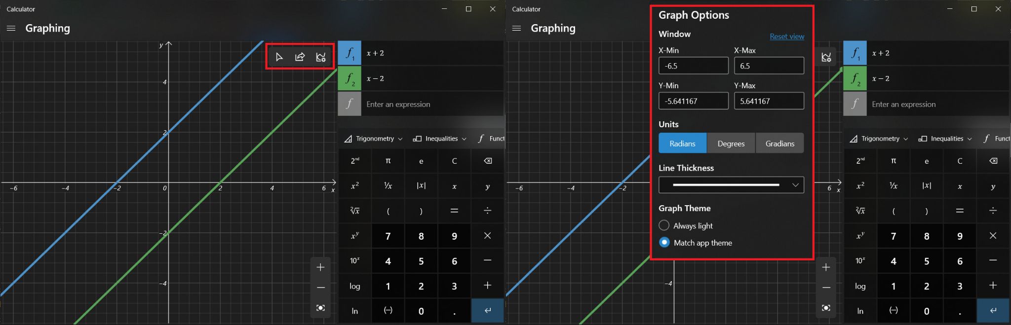 Una vez que se asignan las ecuaciones, se activan tres nuevas opciones en la parte superior derecha de la ventana del gráfico. La primera opción te permite trazar las líneas trazadas usando el mouse o el teclado, la siguiente es compartir el gráfico por correo y la última te permite personalizar el gráfico. Puede cambiar los valores mínimo y máximo de X e Y, cambiar entre diferentes unidades como grados, radianes y gradianes, ajustar el grosor de la línea y el tema del gráfico. Cómo habilitar el modo gráfico de calculadora en Windows 10