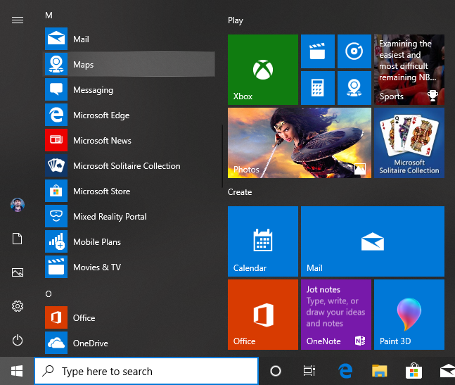 Un acceso directo a Mapas en el menú Inicio de Windows 10