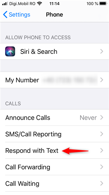 La entrada Responder con texto desde la configuración de un iPhone