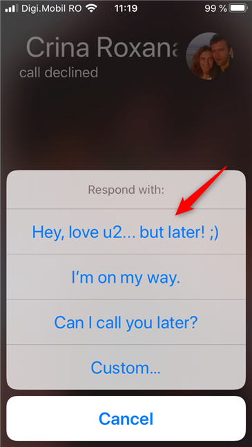 Respuesta personalizada con mensaje de texto en un iPhone