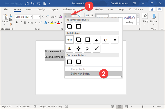 Menú de lista de viñetas en Microsoft Word