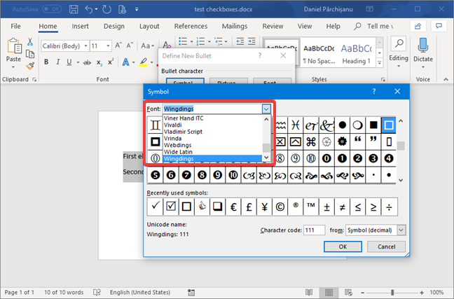 La ventana Símbolo de Microsoft Word