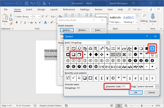 Seleccione el carácter utilizado como símbolo de lista de viñetas en Microsoft Word