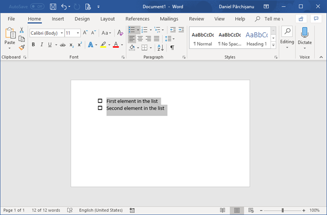 Lista de verificación en Microsoft Word