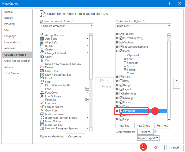 Habilite la pestaña Desarrollador en la cinta de Microsoft Word