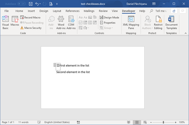 Elemento de casilla marcada en Microsoft Word