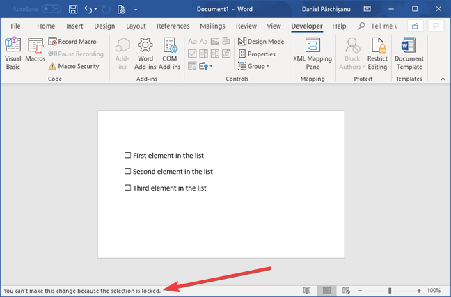 Mensaje de advertencia para una lista de verificación bloqueada en Microsoft Word