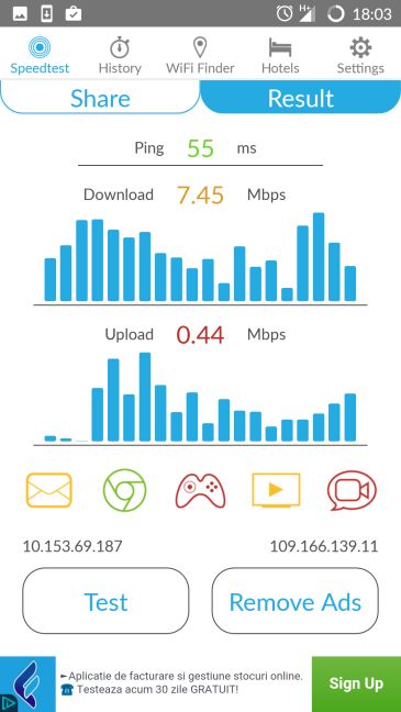 Android, internet, conexión, prueba, velocidad, medida, descarga, carga