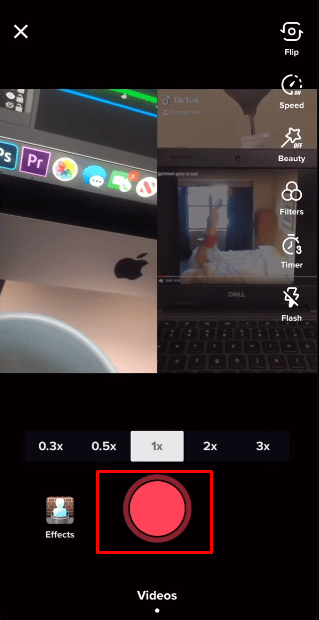 Ahora te redirigirá a la pantalla de grabación, mantén presionado el botón rojo para comenzar a grabar tu video a dúo con el video seleccionado.  |  ver duetos de otro creador