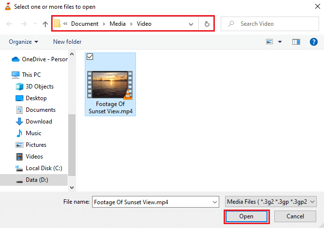 Navegue hasta su archivo multimedia en el Explorador de archivos.  Haga clic en Abrir para iniciar su video.