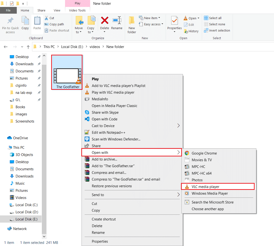 haga clic derecho en un video y seleccione abrir con y haga clic en VLC media player