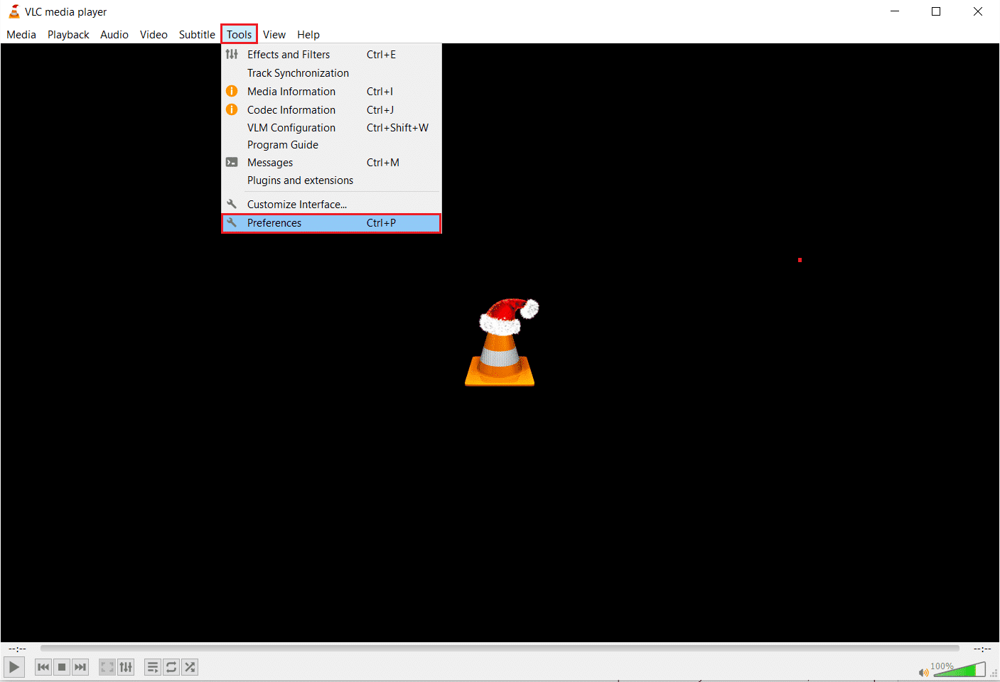 haga clic en Herramientas y seleccione Preferencias en VLC media player