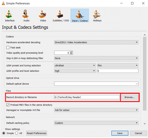 Vaya a la pestaña Entrada/Códecs y localice el Directorio de registros o el nombre de archivo.  Para cambiar el directorio de registros, haga clic en Examinar… y elija la ubicación deseada.  Cómo cortar video en Windows 10 usando VLC Media Player