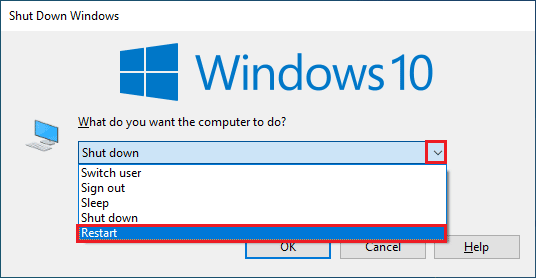 seleccione la opción Reiniciar en el menú desplegable y presione Entrar.  Corrija el código de error de actualización de VMware Tools 21001 en Windows 10