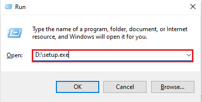 Escriba D setup.exe en el cuadro de diálogo Ejecutar.  Corrija el código de error de actualización de VMware Tools 21001 en Windows 10