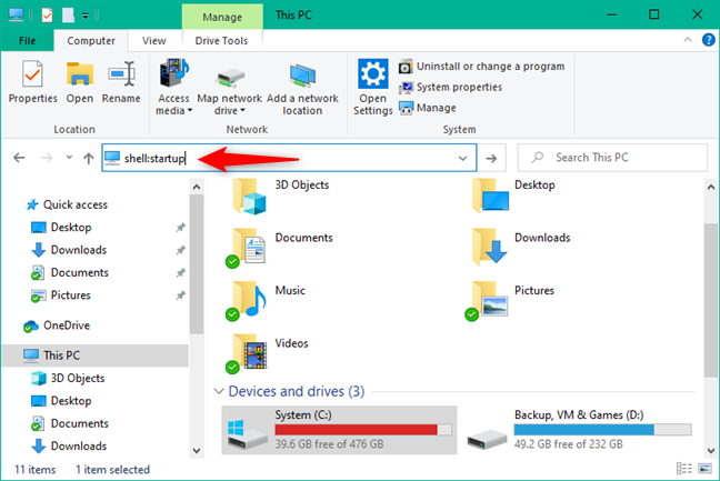 Ir a shell: inicio en el Explorador de archivos