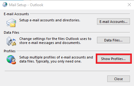 Haga clic en Mostrar perfiles en el cuadro de diálogo Outlook de configuración de correo.  Reparar El mensaje de error no se puede enviar ahora, inténtalo de nuevo más tarde