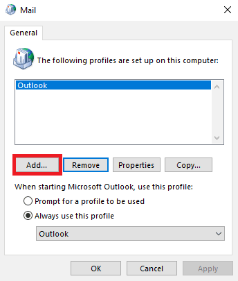haga clic en el botón Agregar….  Arreglar Actualmente no se puede enviar su mensaje en Windows 10