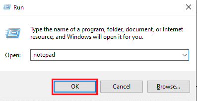 En el mensaje Ejecutar, escriba Bloc de notas y haga clic en Aceptar