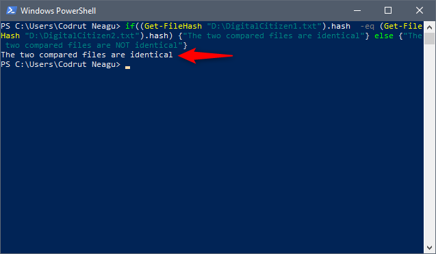 El resultado que obtiene en PowerShell cuando los dos archivos son iguales