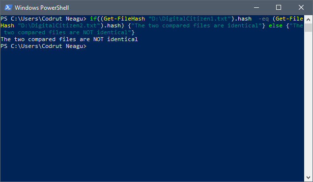 El resultado que obtiene en PowerShell cuando los archivos son diferentes