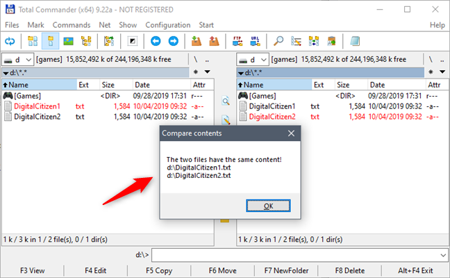 El mensaje que recibe de Total Commander cuando los dos archivos son iguales