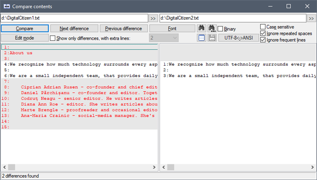 Los contenidos de comparación que muestra Total Commander cuando los dos archivos son diferentes