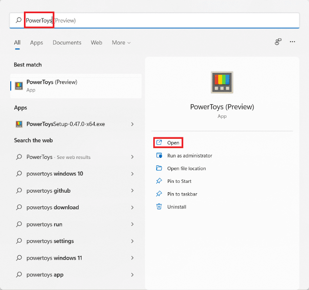 Resultados de búsqueda del menú de inicio para PowerToys. ¿Cómo actualizo la aplicación Microsoft PowerToys en Windows 11?