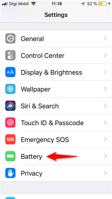 Entrada de batería desde la configuración en iPhone