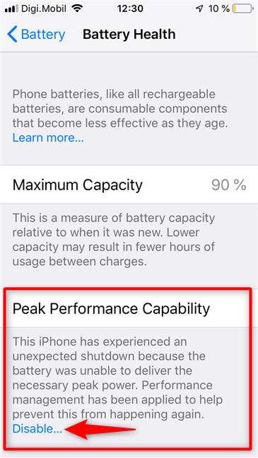 Máximo rendimiento encontrado en la pantalla de estado de la batería