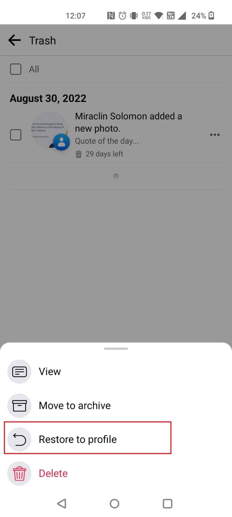Seleccione Restaurar al perfil