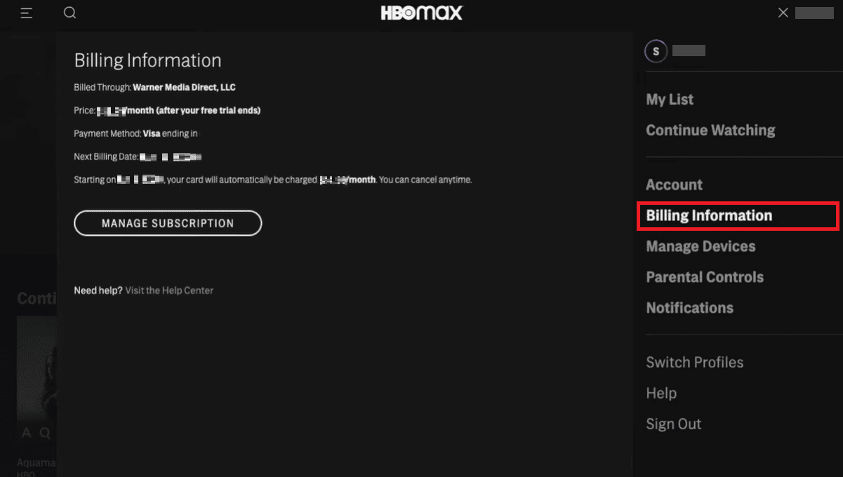 Haga clic en el nombre de su perfil - Información de facturación en el menú desplegable
