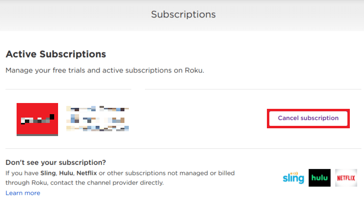 Ubique su canal en Suscripciones activas y haga clic en Cancelar suscripción | Cómo cancelar HBO en Roku