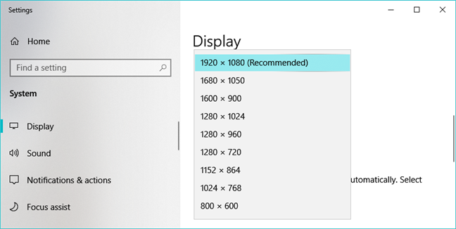 Opciones de resolución de pantalla disponibles en la configuración de Windows 10