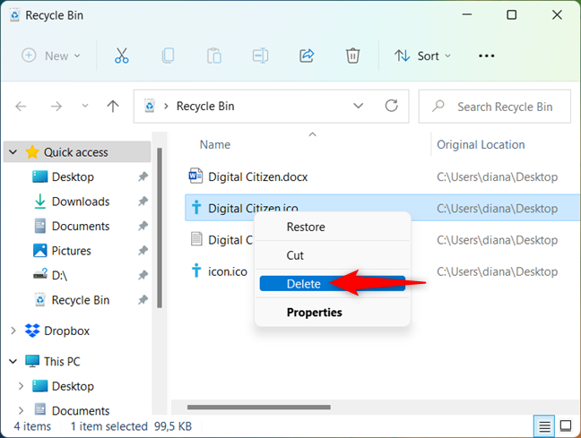 Pulse Eliminar en el menú contextual