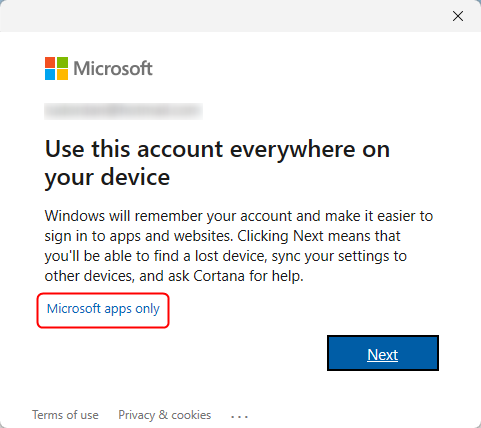 Use su cuenta de Microsoft solo para aplicaciones
