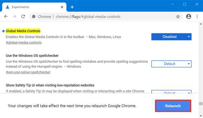 Reinicie Chrome para que los cambios surtan efecto