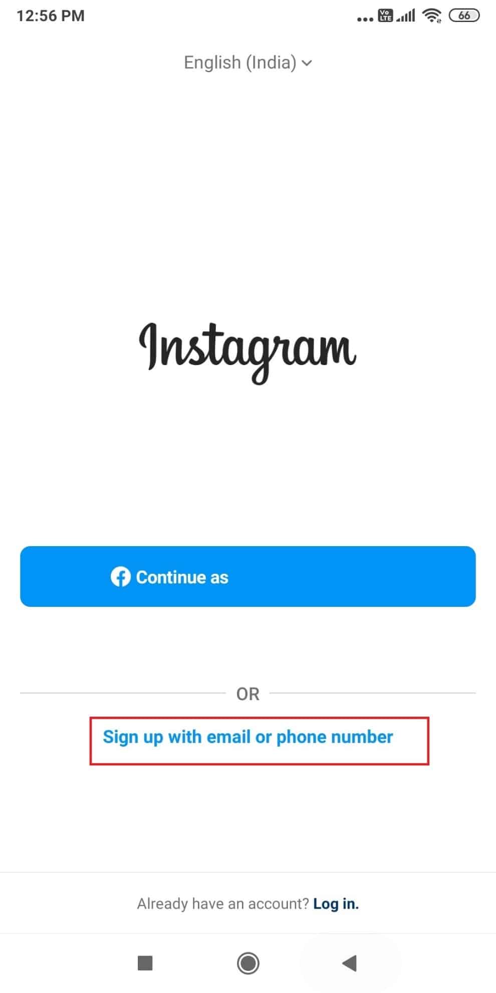 Inicie Instagram y toque Registrarse con correo electrónico o número de teléfono |  Cómo hackear Instagram