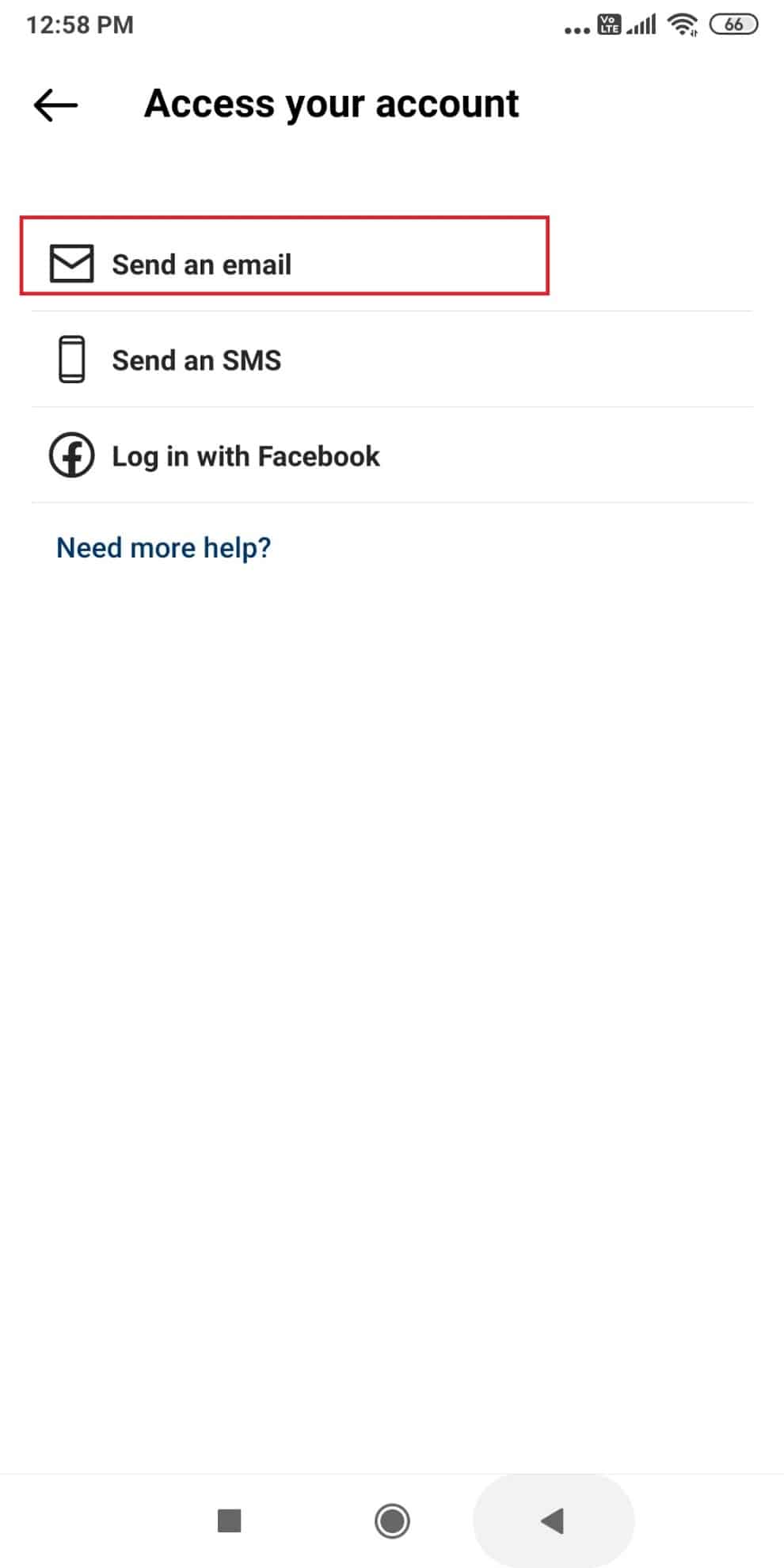 Elija una opción de recuperación.  Aquí, hemos elegido Enviar un correo electrónico |  hackear cuenta de instagram de otra persona