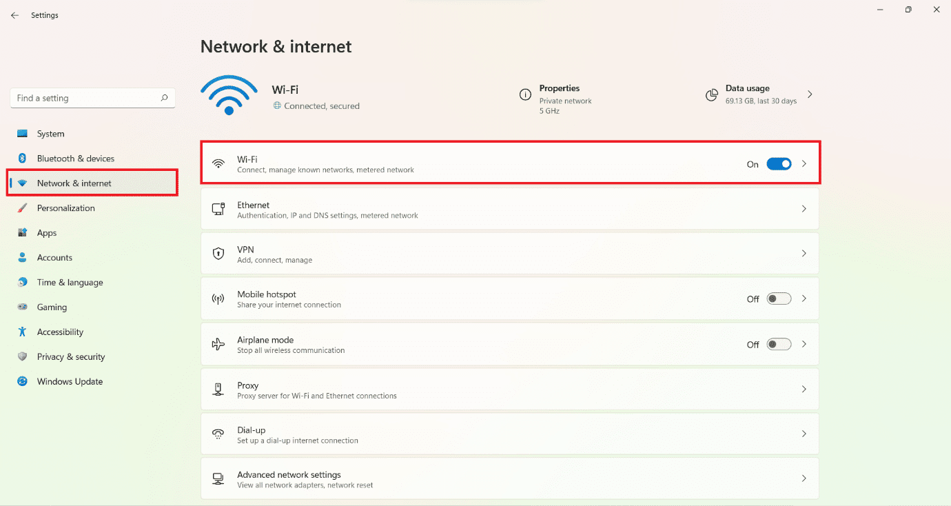 Sección Red e Internet en la Configuración.