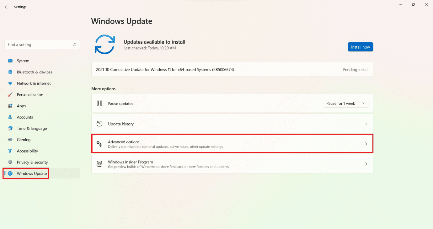 Opción avanzada en la sección de actualización de Windows de la ventana Configuración |  Cómo aumentar la velocidad de Internet en Windows 11