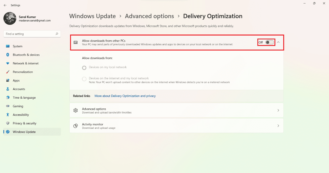 Desactivar opciones en Optimización de entrega.  Cómo aumentar la velocidad de Internet en Windows 11