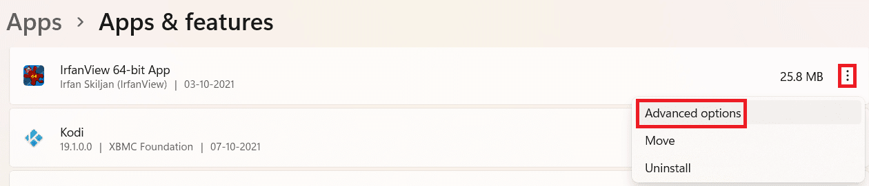 Menú de tres puntos en Aplicaciones y funciones.  Cómo aumentar la velocidad de Internet en Windows 11